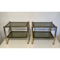 Pair of Brass Side Tables with Smoked Glass Shelves, French Work, circa 1970