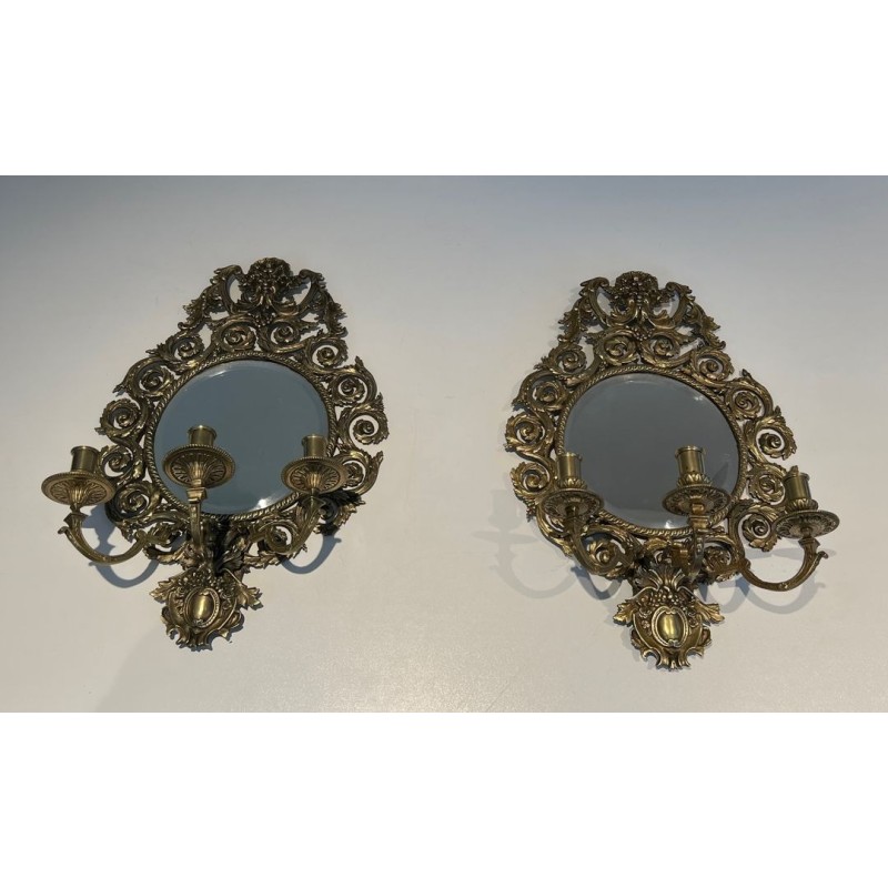 Large Pair of Louis the 14th Bronze and Mirror Wall Lights