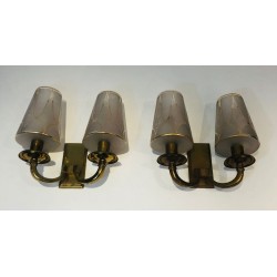 Pair of Art Deco Brass Wall Lights in the Style of Perzel.