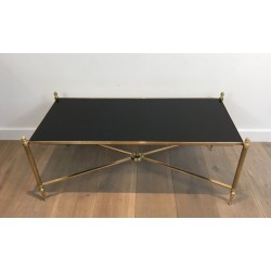 Neoclassical Brass Coffee Table with Black Lacquered Glass Top by Maison Jansen, French Work, circa 1940