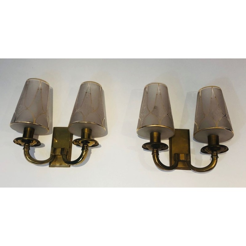 Pair of Art Deco Brass Wall Lights in the Style of Perzel.