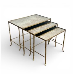 Faux-Bamboo Brass Nesting Tables with Églomisé Mirror Tops by Maison Baguès, circa 1940
