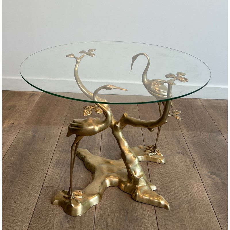 Brass Coffee Table with Cranes and Bonsai by Willy Daro, Belgium, circa 1970