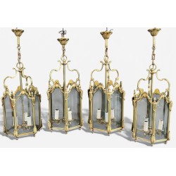 Set of Four Hexagonal Bronze and Glass Lanterns, Louis XV Style, French, circa 1950