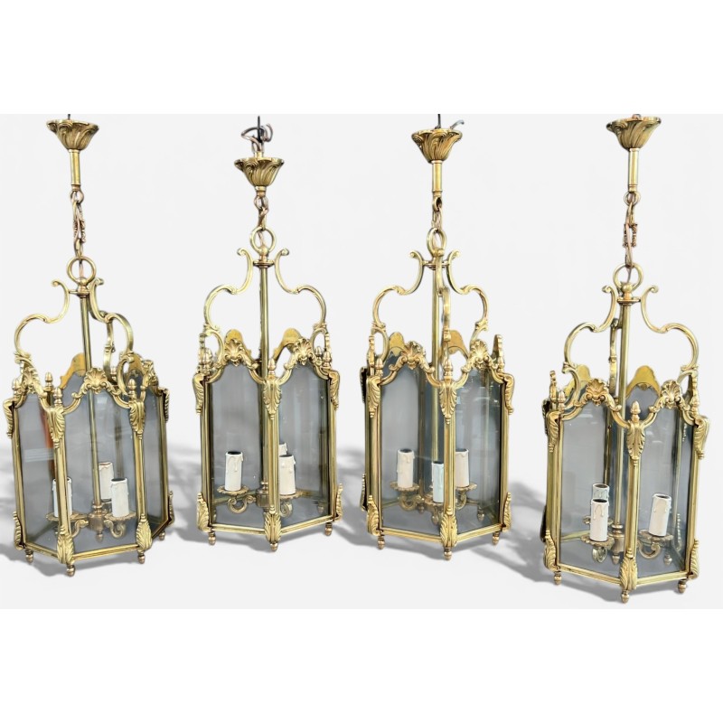 Set of Four Hexagonal Bronze and Glass Lanterns, Louis XV Style, French, circa 1950