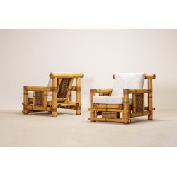 Pair of Large Bamboo Armchairs with Pierre Frey Cushions, French, circa 1970