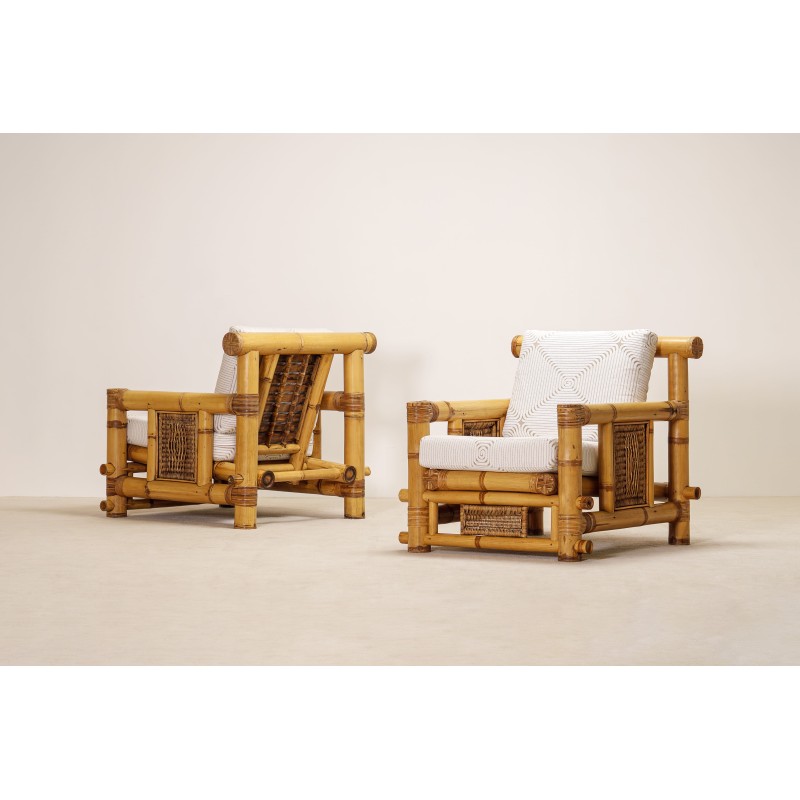 Pair of Large Bamboo Armchairs with Pierre Frey Cushions, French, circa 1970