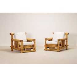 Pair of Large Bamboo Armchairs with Pierre Frey Cushions, French, circa 1970