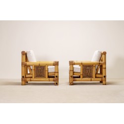 Pair of Large Bamboo Armchairs with Pierre Frey Cushions, French, circa 1970
