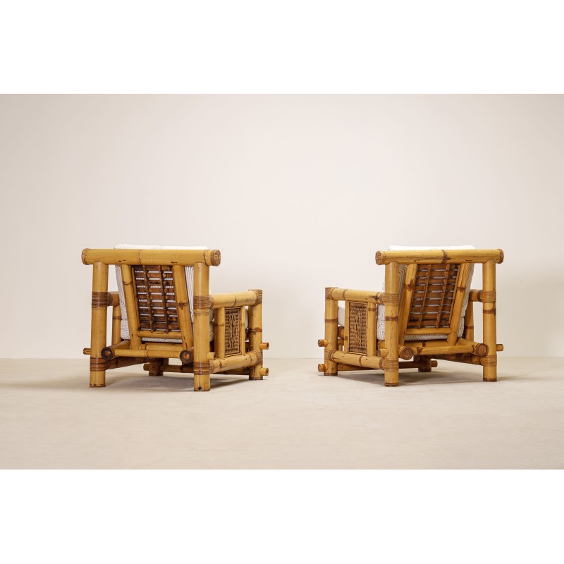 Pair of Large Bamboo Armchairs with Pierre Frey Cushions, French, circa 1970