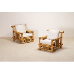 Pair of Large Bamboo Armchairs with Pierre Frey Cushions, French, circa 1970