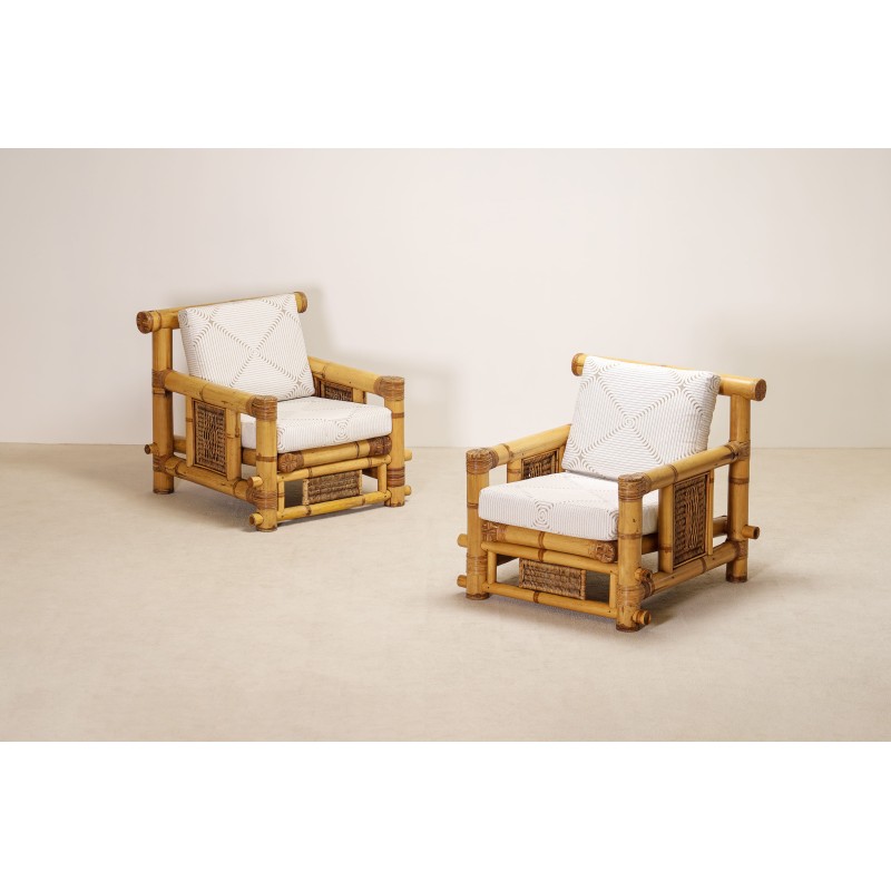 Pair of Large Bamboo Armchairs with Pierre Frey Cushions, French, circa 1970