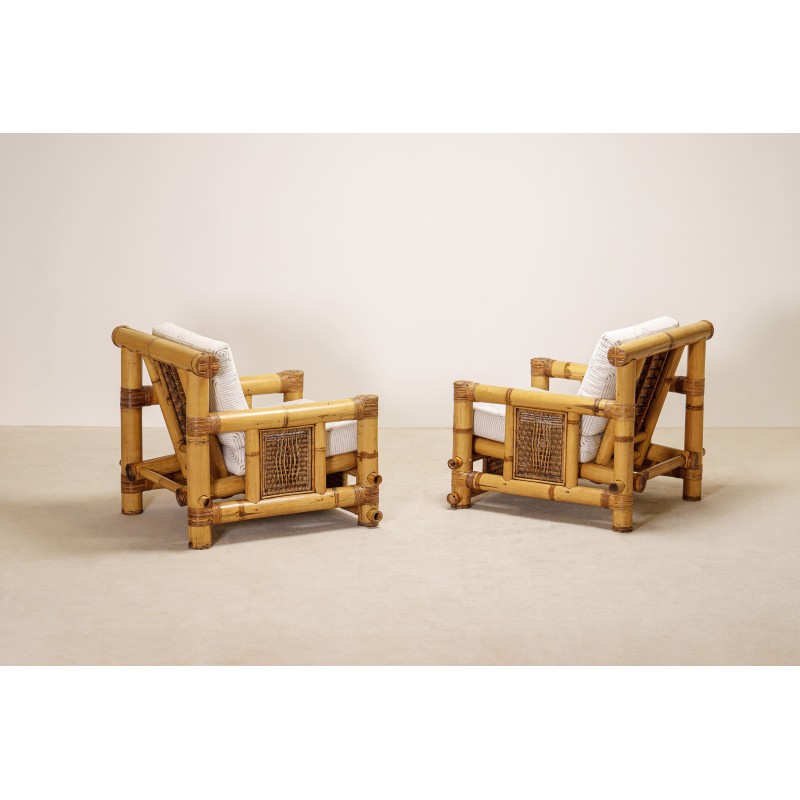 Pair of Large Bamboo Armchairs with Pierre Frey Cushions, French, circa 1970