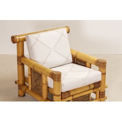 Pair of Large Bamboo Armchairs with Pierre Frey Cushions, French, circa 1970