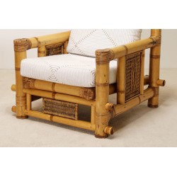 Pair of Large Bamboo Armchairs with Pierre Frey Cushions, French, circa 1970