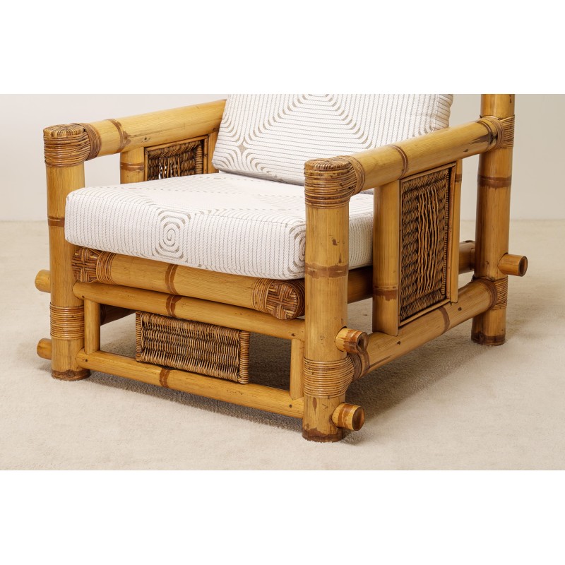 Pair of Large Bamboo Armchairs with Pierre Frey Cushions, French, circa 1970