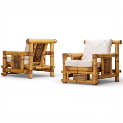 Pair of Large Bamboo Armchairs with Pierre Frey Cushions, French, circa 1970
