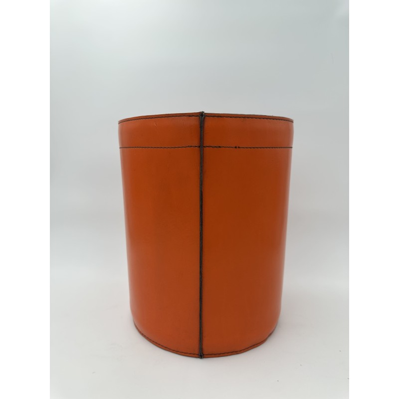 Orange Leather Wastebasket Saddle Stitch | Vintage Hermès Style