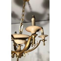 Lacquered Metal and Brass Chandelier. Circa 1940
