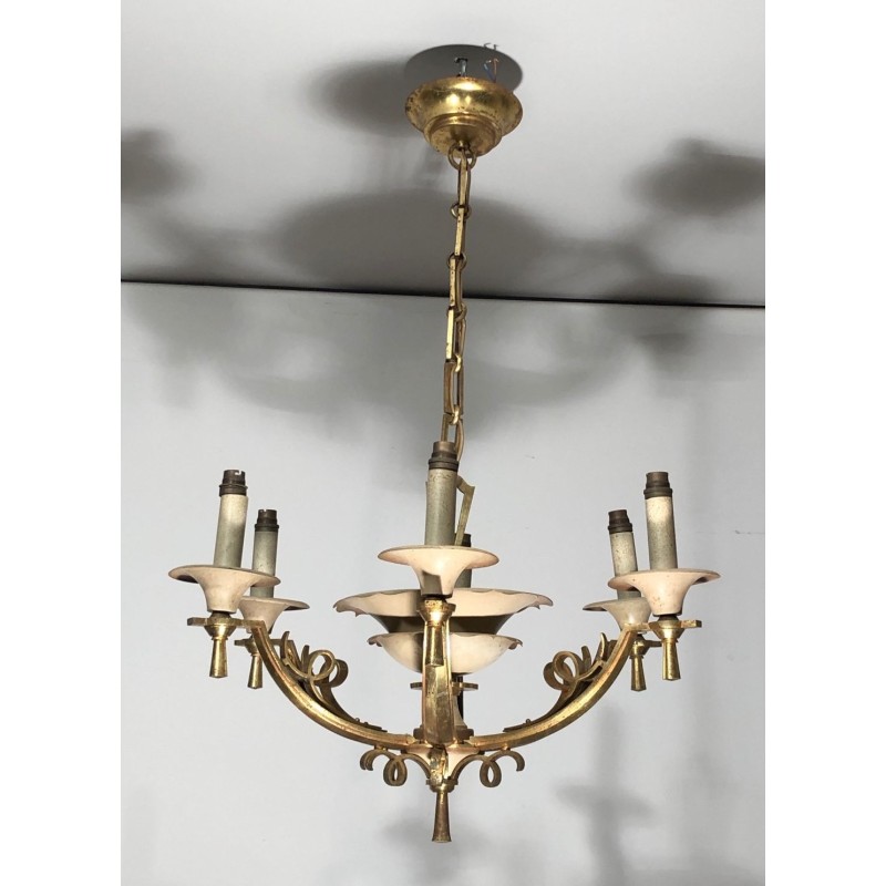 Lacquered Metal and Brass Chandelier. Circa 1940