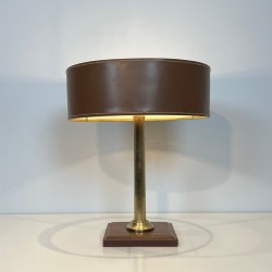 Brown Leather and Brass Desk Lamp in the Style of Jacques Adnet
