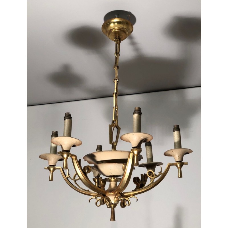 Lacquered Metal and Brass Chandelier. Circa 1940