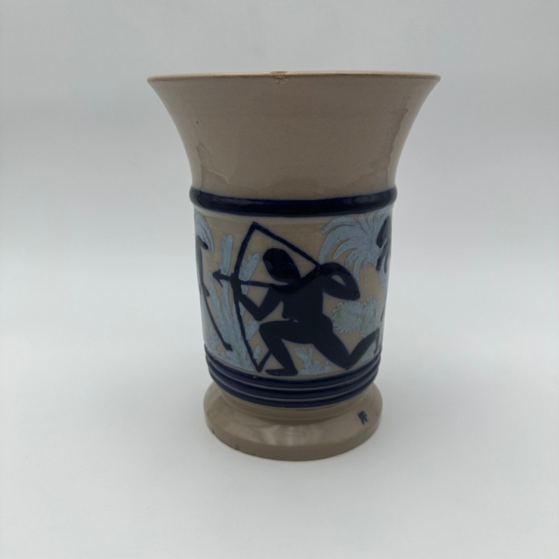 Ceramic Vase with Figurative Hunting Scene Decor, circa 1930