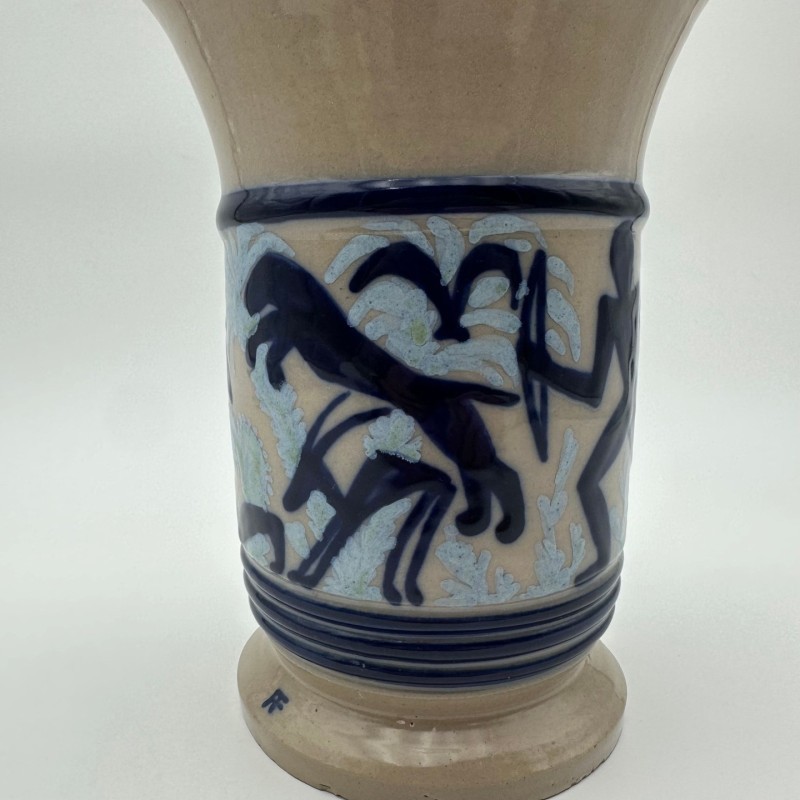 Ceramic Vase with Figurative Hunting Scene Decor, circa 1930