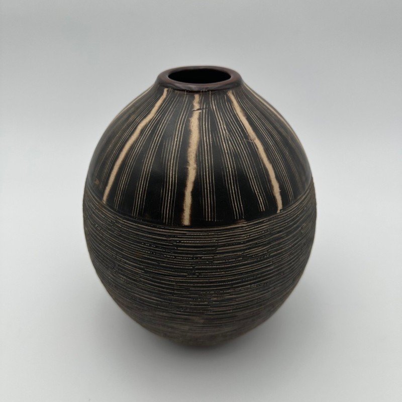 Black and White Ceramic Vase with Monogram Decor, in the Style of Jean Besnard, circa 1950