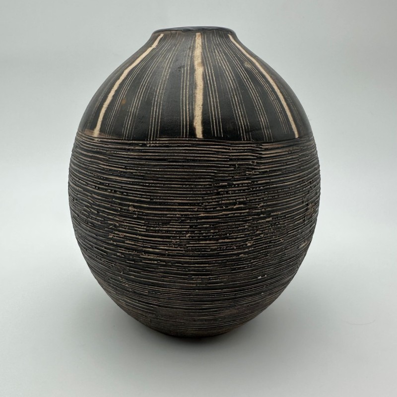 Black and White Ceramic Vase with Monogram Decor, in the Style of Jean Besnard, circa 1950
