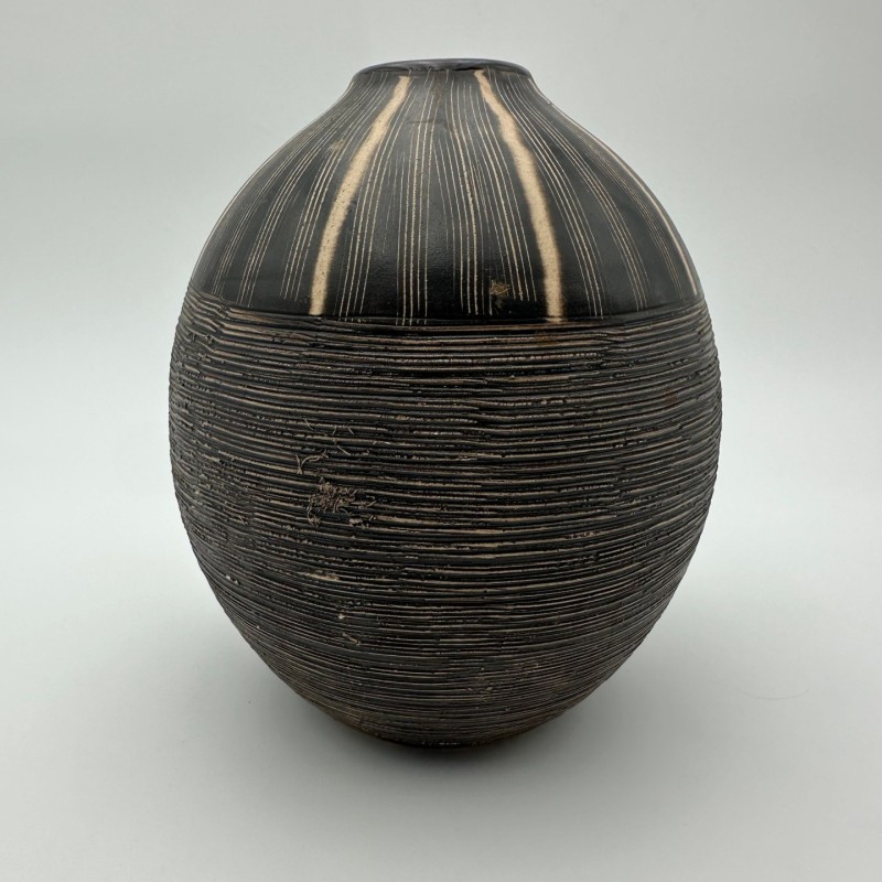 Black and White Ceramic Vase with Monogram Decor, in the Style of Jean Besnard, circa 1950