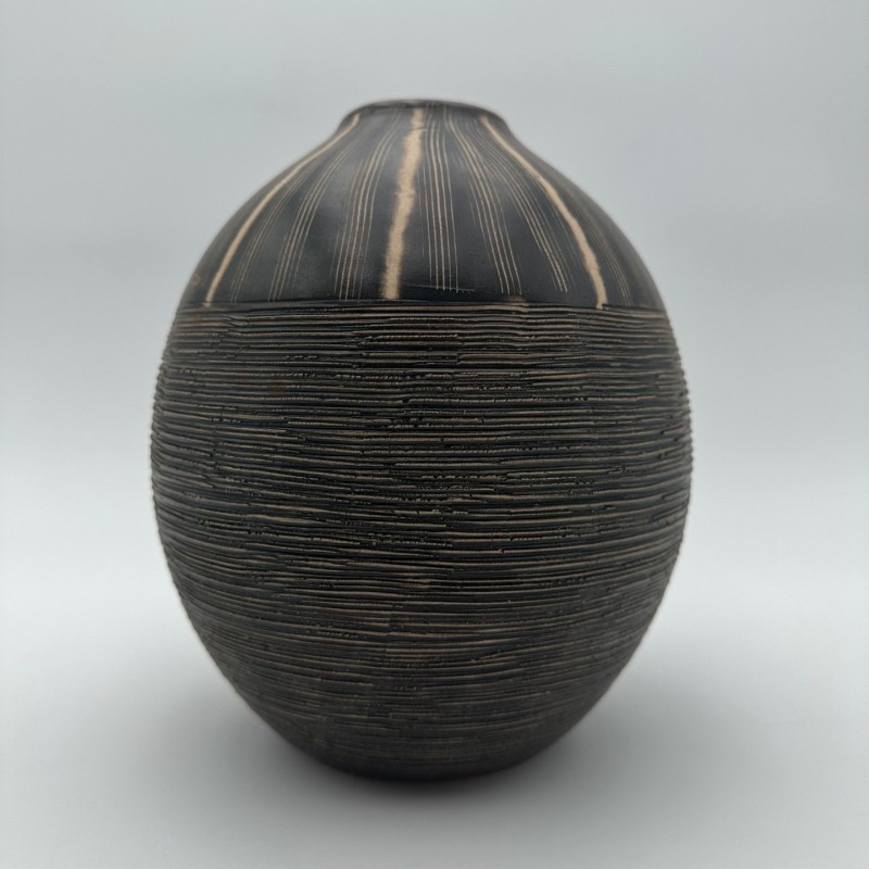 Black and White Ceramic Vase with Monogram Decor, in the Style of Jean Besnard, circa 1950