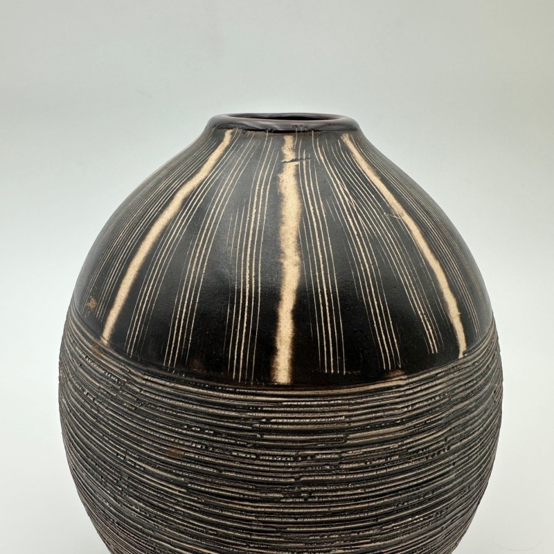 Black and White Ceramic Vase with Monogram Decor, in the Style of Jean Besnard, circa 1950