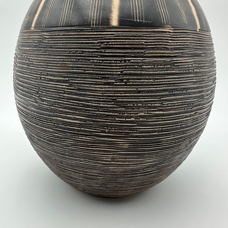 Black and White Ceramic Vase with Monogram Decor, in the Style of Jean Besnard, circa 1950
