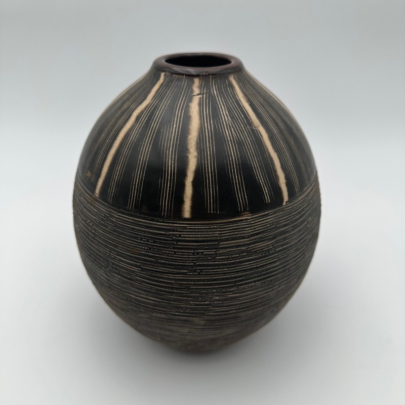 Black and White Ceramic Vase with Monogram Decor, in the Style of Jean Besnard, circa 1950