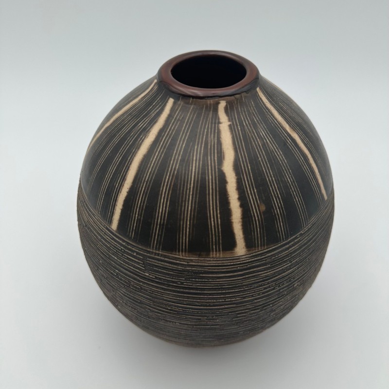 Black and White Ceramic Vase with Monogram Decor, in the Style of Jean Besnard, circa 1950