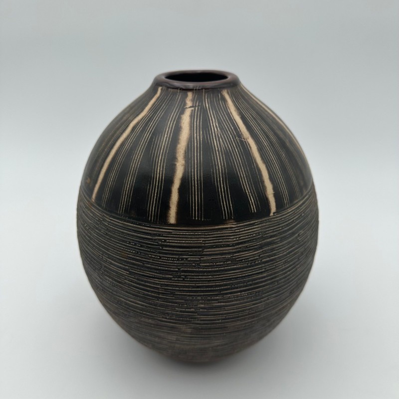 Black and White Ceramic Vase with Monogram Decor, in the Style of Jean Besnard, circa 1950