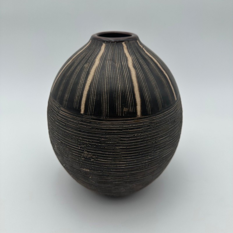 Black and White Ceramic Vase with Monogram Decor, in the Style of Jean Besnard, circa 1950