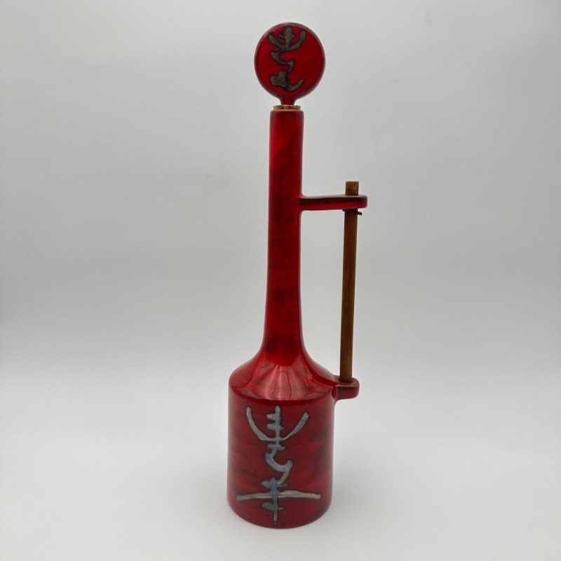 Modernist Red Glazed Ceramic Bottle with Sculptural Stopper, Signed, circa 1970