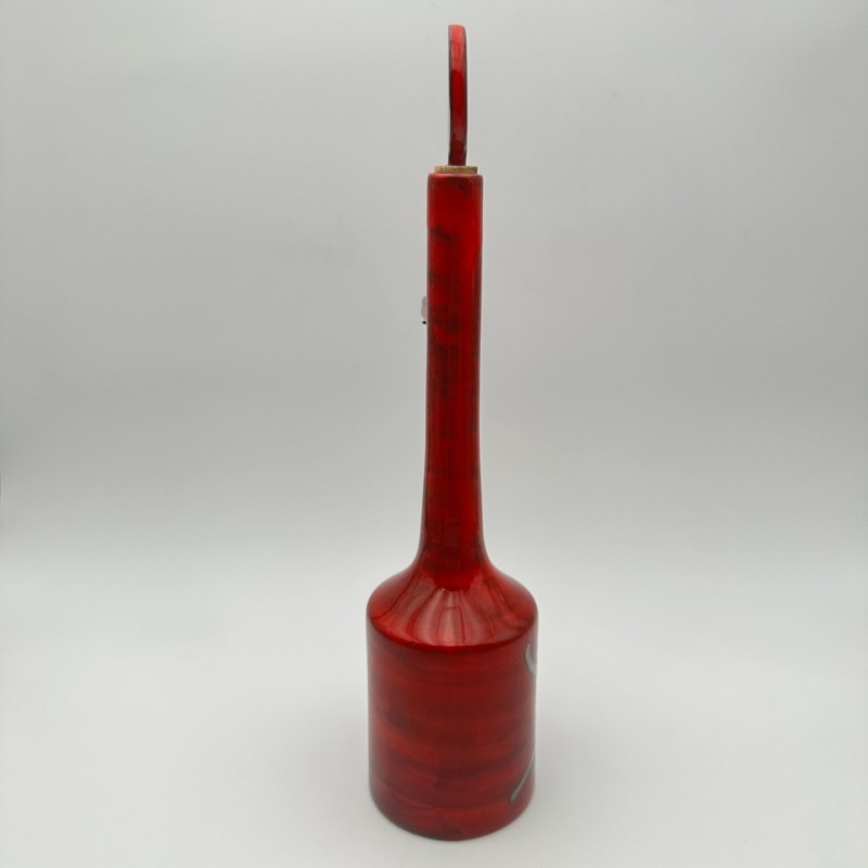 Modernist Red Glazed Ceramic Bottle with Sculptural Stopper, Signed, circa 1970
