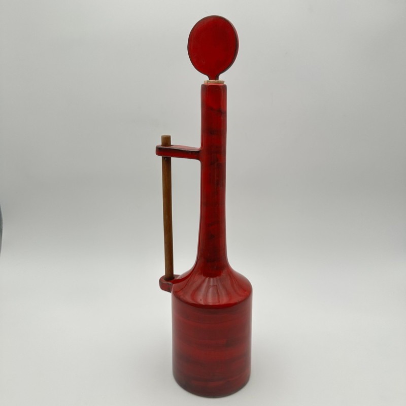 Modernist Red Glazed Ceramic Bottle with Sculptural Stopper, Signed, circa 1970