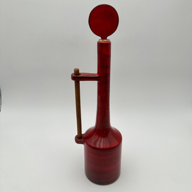 Modernist Red Glazed Ceramic Bottle with Sculptural Stopper, Signed, circa 1970