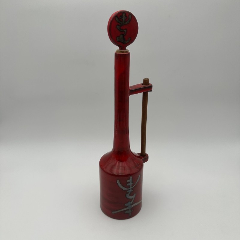 Modernist Red Glazed Ceramic Bottle with Sculptural Stopper, Signed, circa 1970