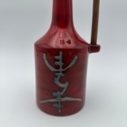 Modernist Red Glazed Ceramic Bottle with Sculptural Stopper, Signed, circa 1970