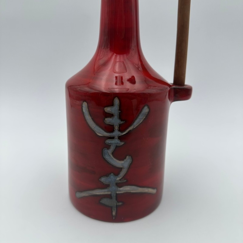 Modernist Red Glazed Ceramic Bottle with Sculptural Stopper, Signed, circa 1970