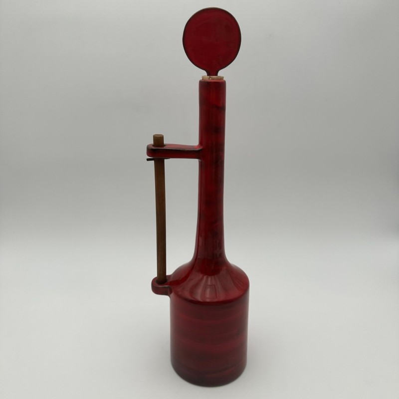 Modernist Red Glazed Ceramic Bottle with Sculptural Stopper, Signed, circa 1970
