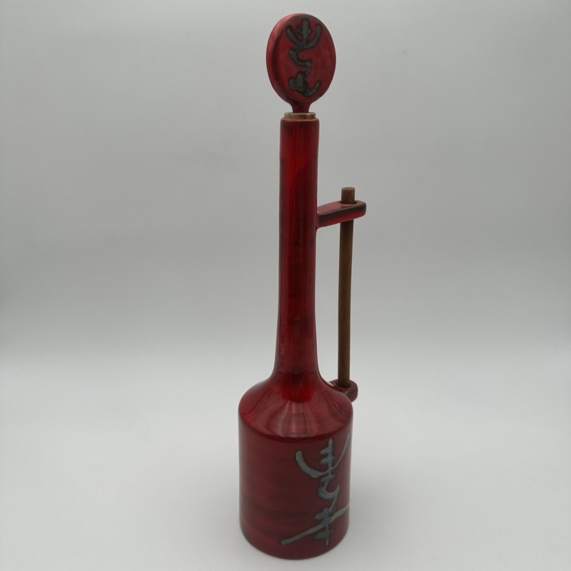 Modernist Red Glazed Ceramic Bottle with Sculptural Stopper, Signed, circa 1970