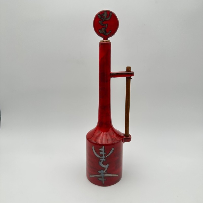 Modernist Red Glazed Ceramic Bottle with Sculptural Stopper, Signed, circa 1970