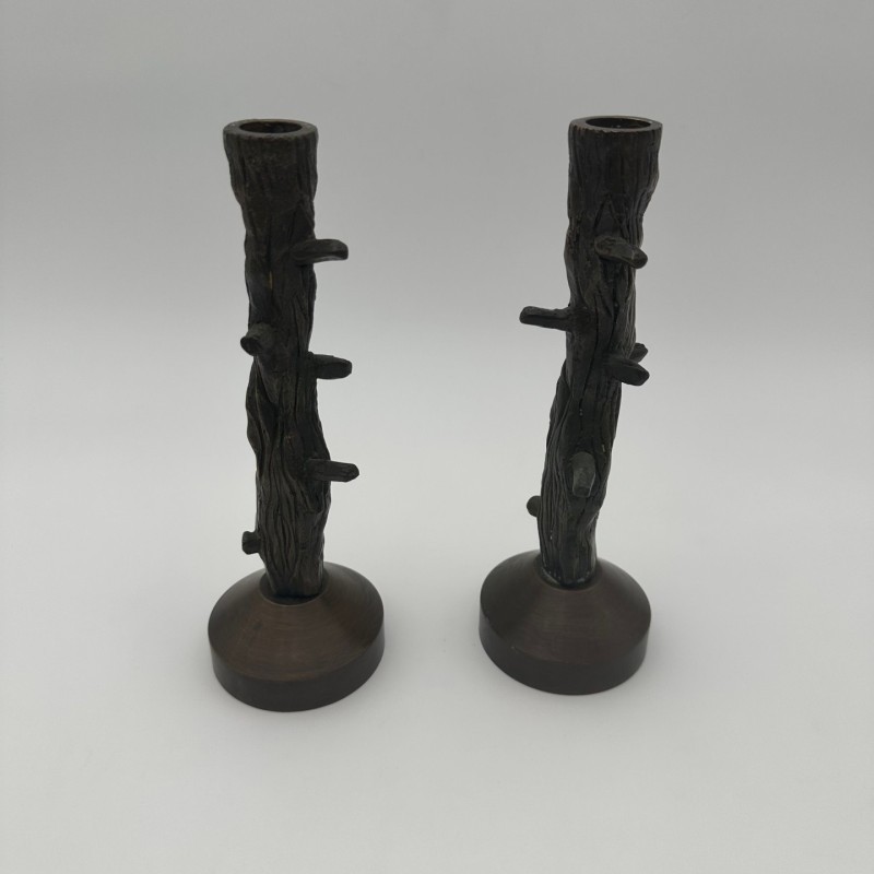 Pair of Faux-Wood Bronze Candlesticks, circa 1970