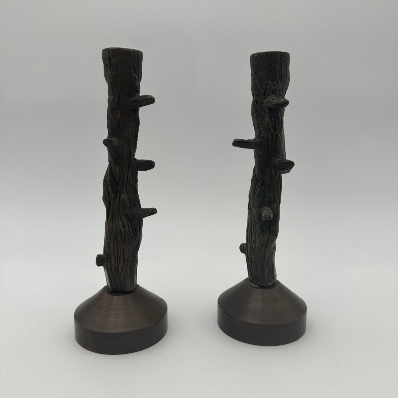 Pair of Faux-Wood Bronze Candlesticks, circa 1970